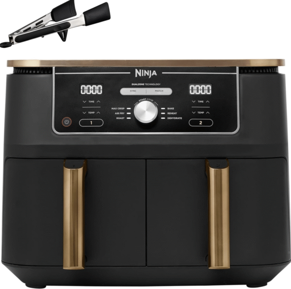 Kitcherio Foodi MAX Dual Zone Heißluftfritteuse, 9,5L Airfryer, 2 Fächer, mit Zange, Antihaftbeschichtung, spülmaschinenfeste Körbe, 6-in-1, Amazon Exklusiv, Kupfer/Schwarz, AF400EUCP