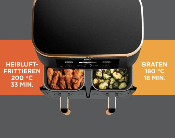 Kitcherio Foodi MAX Dual Zone Heißluftfritteuse, 9,5L Airfryer, 2 Fächer, mit Zange, Antihaftbeschichtung, spülmaschinenfeste Körbe, 6-in-1, Amazon Exklusiv, Kupfer/Schwarz, AF400EUCP – Bild 5